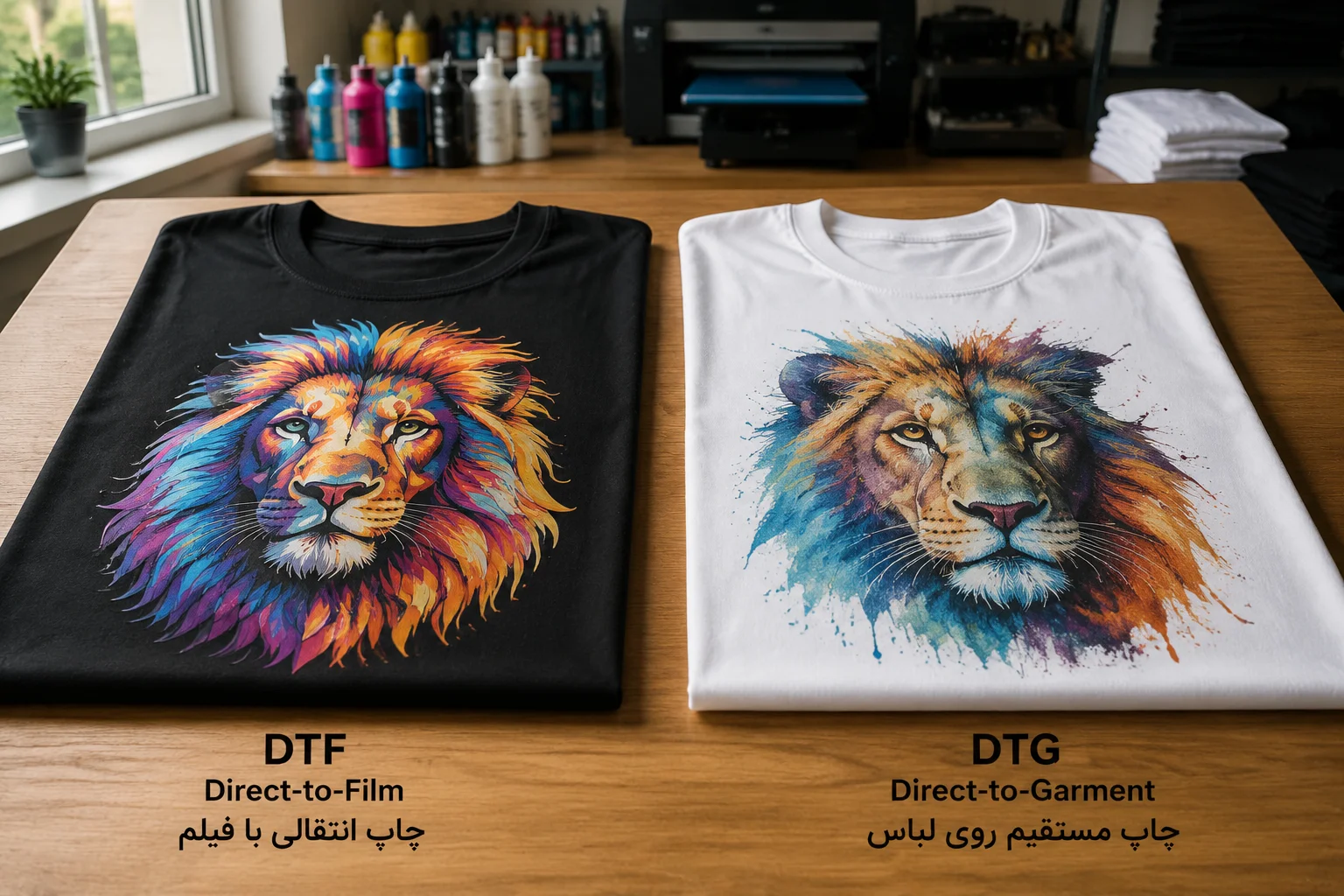 مقایسه سطح چاپ DTG و DTF روی دو تیشرت در کارگاه چاپ ایران